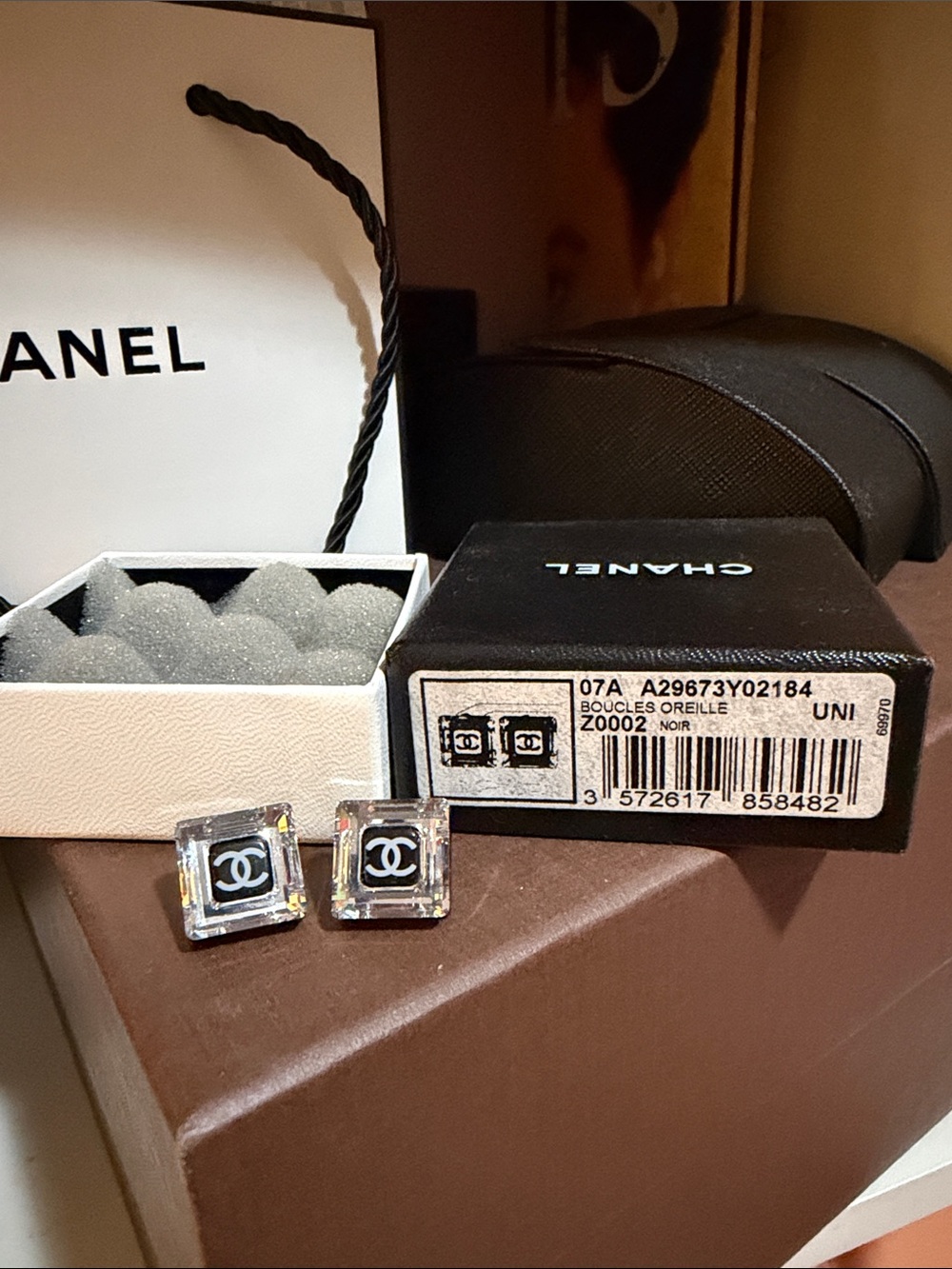 CHANEL Authenic Black and Clear Square CC Crystal Stud Earrings